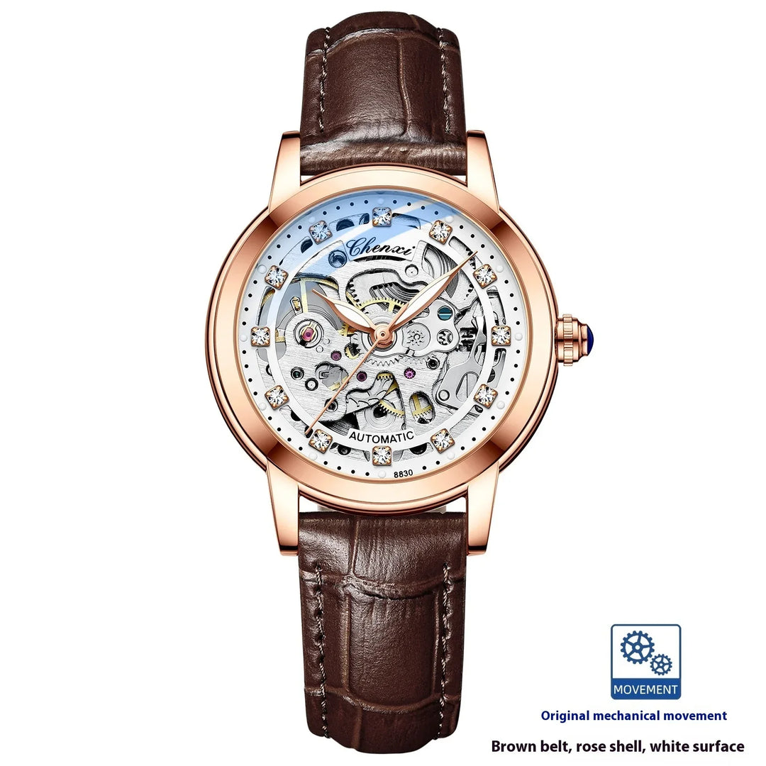 Chenxi automatic mechanical wristwatch with rose gold case and brown leather strap