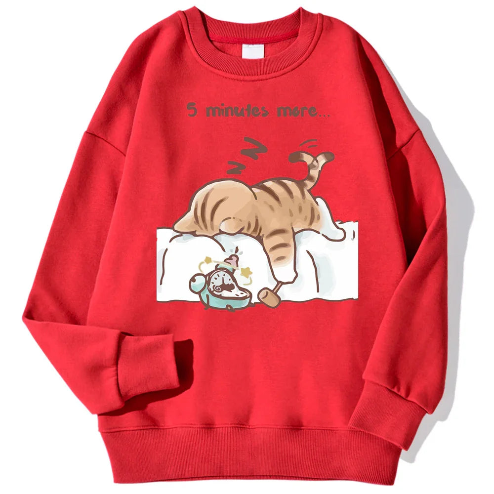 Red sweatshirt with cartoon cat sleeping on bed and text '5 minutes more' graphic