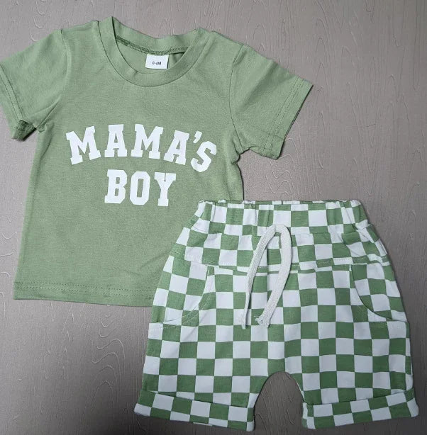 Green toddler outfit with white text 'MAMA'S BOY' t-shirt and green-white checkered shorts with drawstring