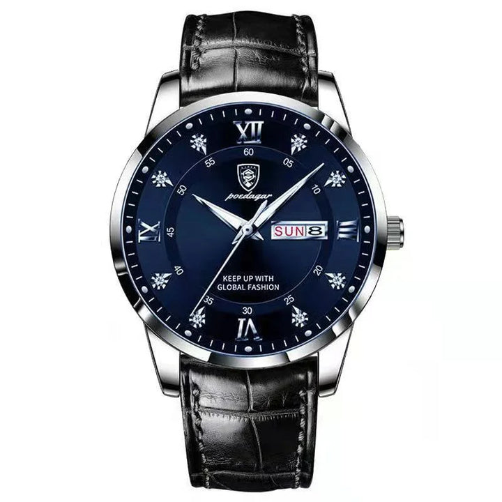 Elegant black leather strap wristwatch with blue dial, Roman numerals, day and date display