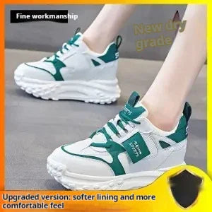 White and green chunky sneakers on feet showcasing fine workmanship and upgraded soft lining for comfort