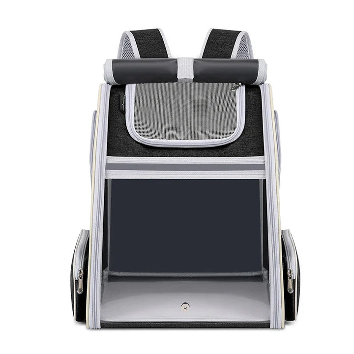 black and gray mesh pet carrier backpack with transparent front and zippered side pockets