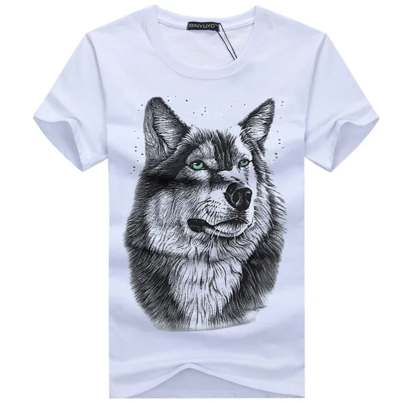 White T-shirt with detailed black and gray wolf head graphic featuring piercing green eyes