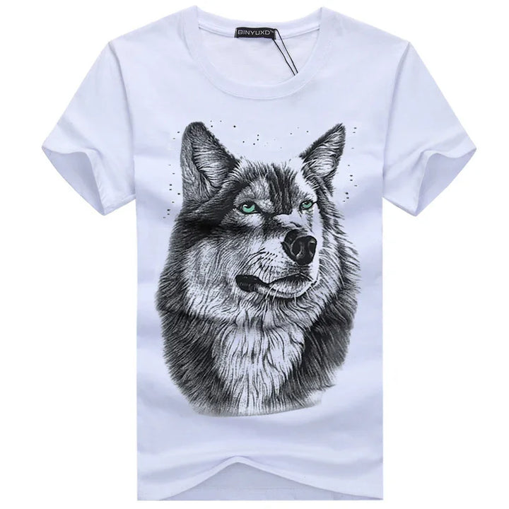 White T-shirt with detailed black and gray wolf head graphic featuring piercing green eyes