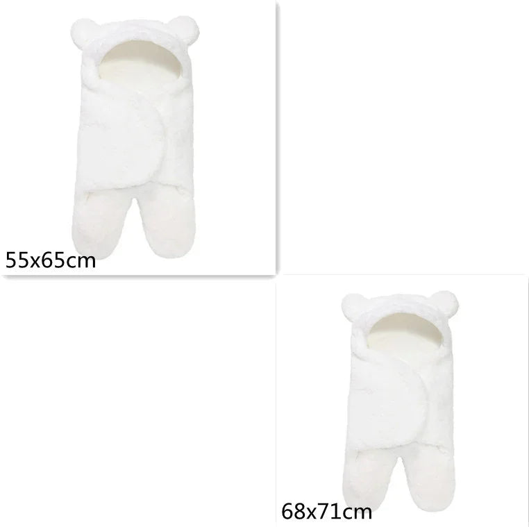 White fluffy baby sleeping bag with bear ears, available in 55x65cm and 68x71cm sizes