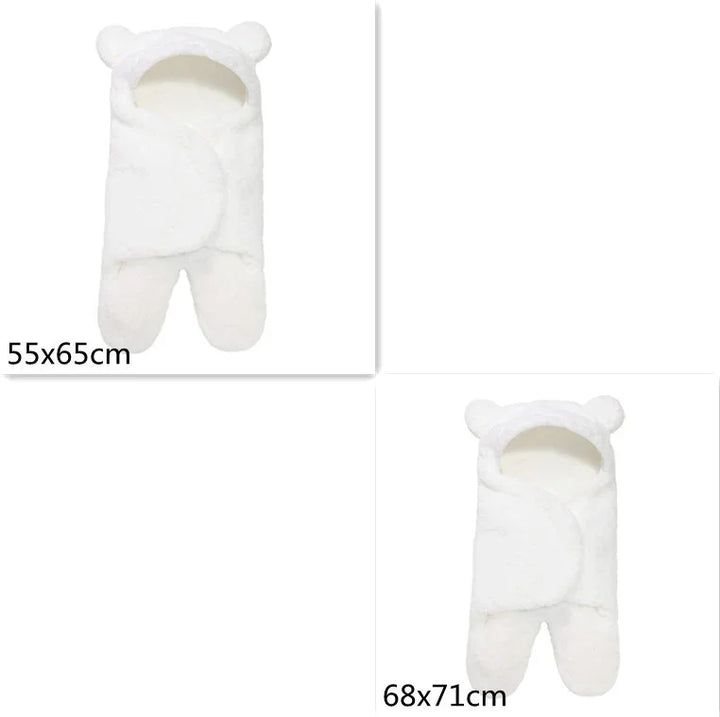 White fluffy baby sleeping bag with bear ears, available in 55x65cm and 68x71cm sizes