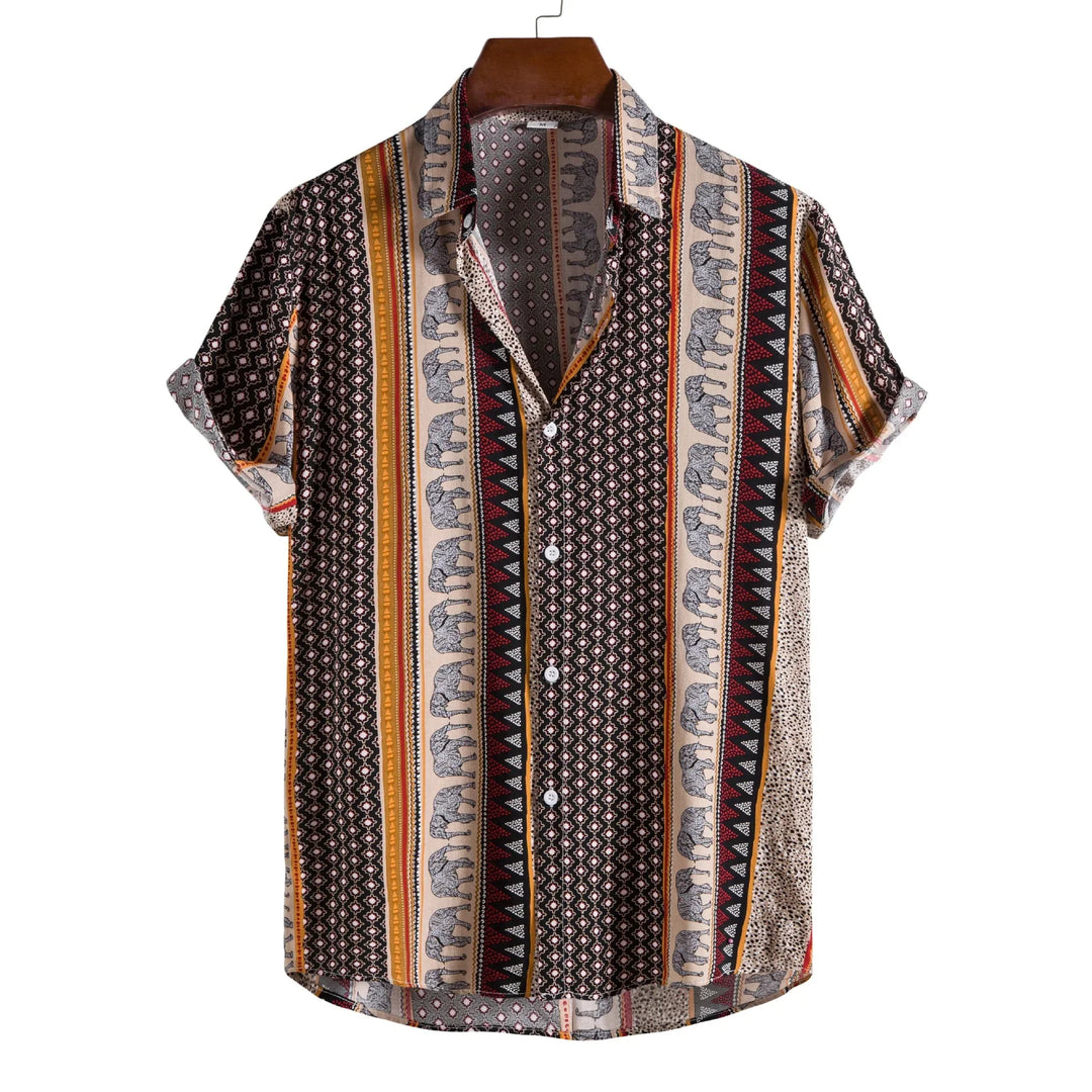 Men's short sleeve button-up shirt with multicolor geometric and elephant print pattern