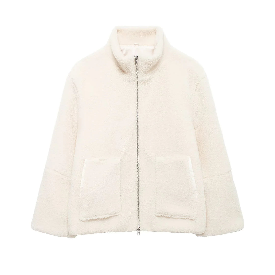 Ivory white sherpa fleece jacket with front zipper and two square pockets
