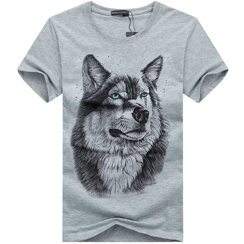 Gray t-shirt with detailed black and white wolf face print and piercing green eyes