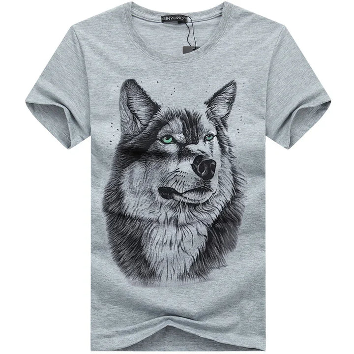 Gray t-shirt with detailed black and white wolf face print and piercing green eyes