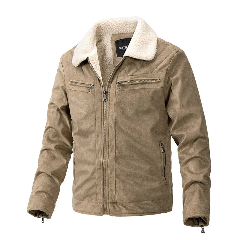Men's tan suede jacket with white shearling collar and zippered front and pockets