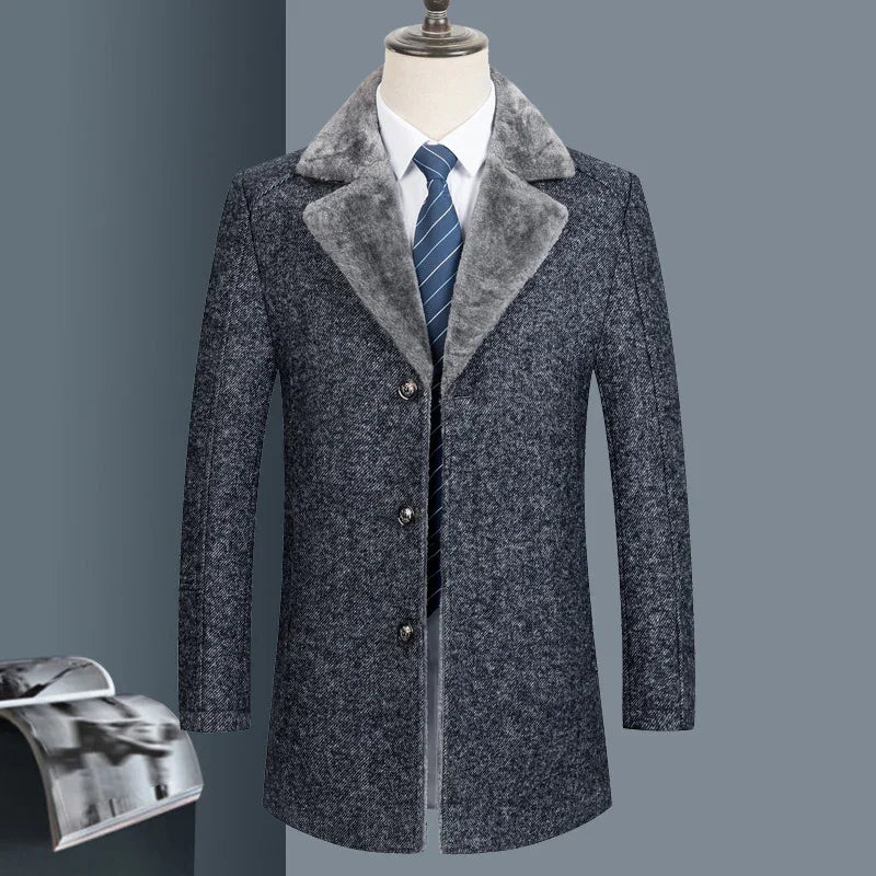 Men's gray wool coat with faux fur collar, white shirt, and blue striped tie on mannequin