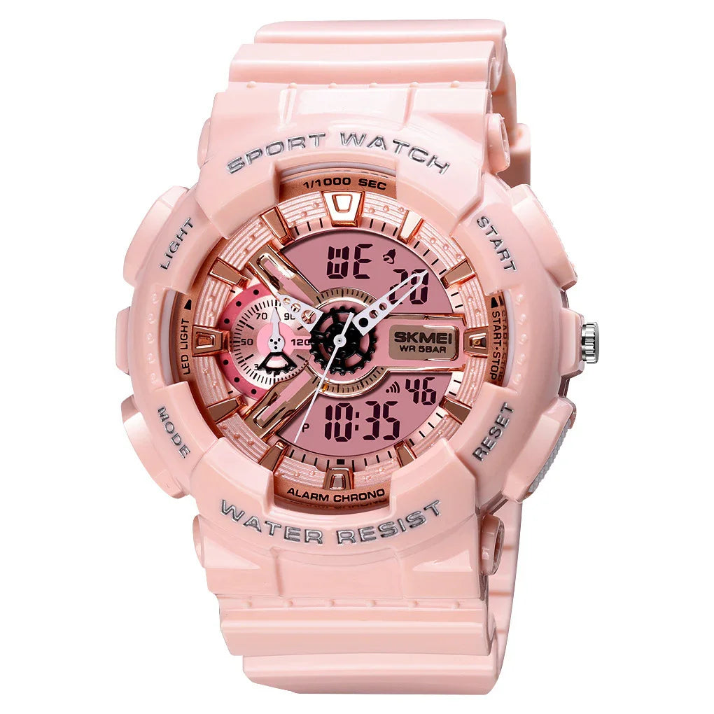 Pink SKMEI sport watch with digital and analog display, water-resistant, alarm chrono