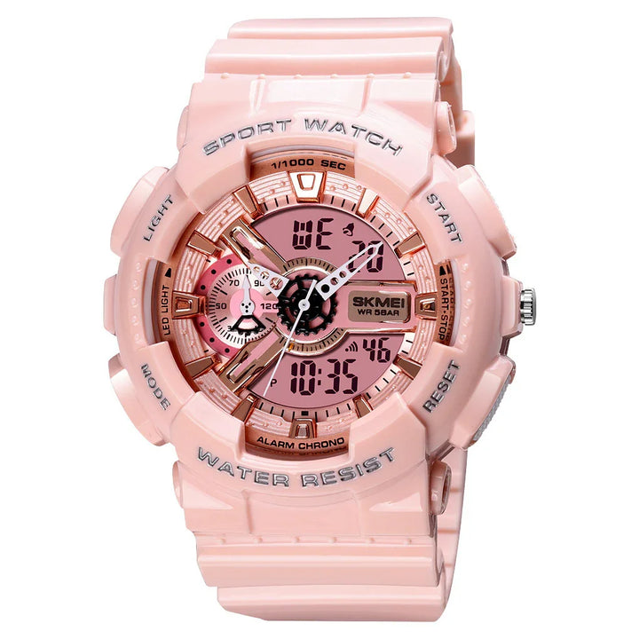 Pink SKMEI sport watch with digital and analog display, water-resistant, alarm chrono