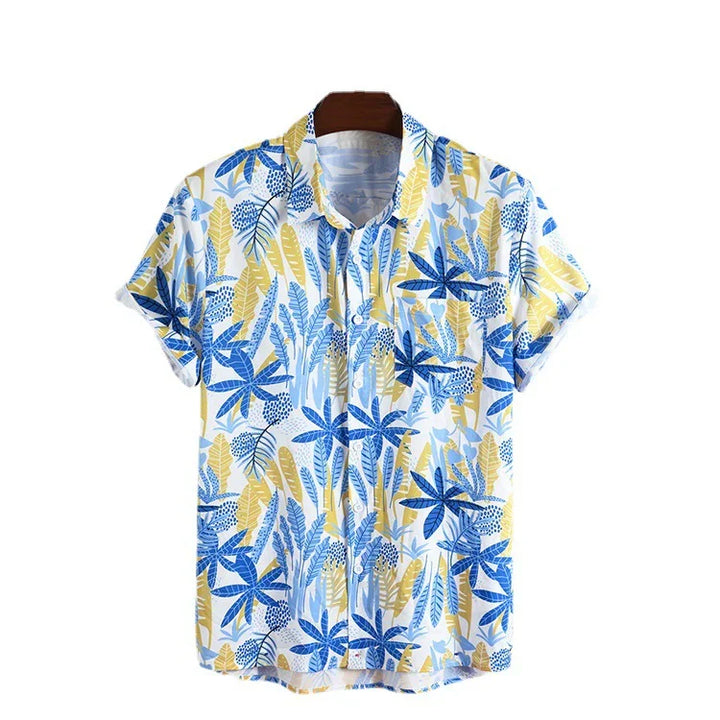 Men's short-sleeve button-up tropical shirt with blue and yellow leaf print
