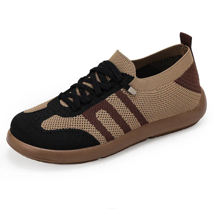 Light brown and black knit casual sneaker with three dark brown stripes and brown sole