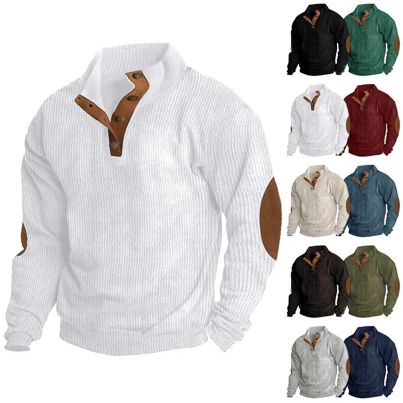 Men's casual pullover sweater with brown button-up collar and elbow patches in multiple colors