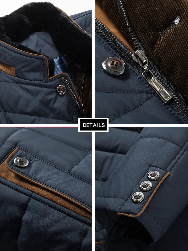 Detailed close-ups of navy quilted jacket with brown suede trim, buttons, zipper, and black fur collar
