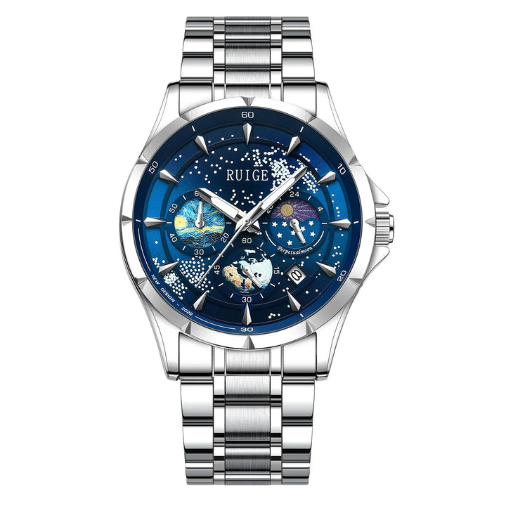 RUIGE men's silver stainless steel watch with blue starry dial and three subdials including date and 24-hour display