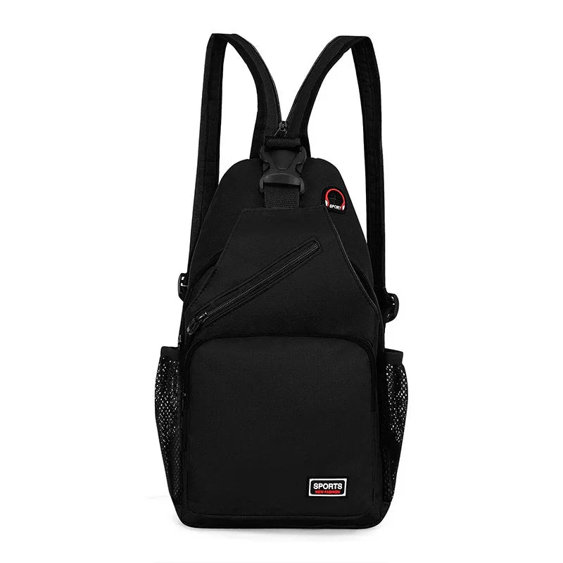 Black sling backpack with front zipper pocket, mesh side pockets, and sports logo patch