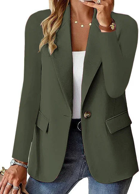 woman wearing olive green tailored blazer with notch lapels and single button closure