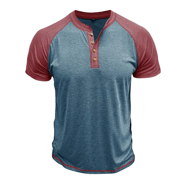 Men's short-sleeve henley shirt with red raglan sleeves and blue heather body, four-button placket