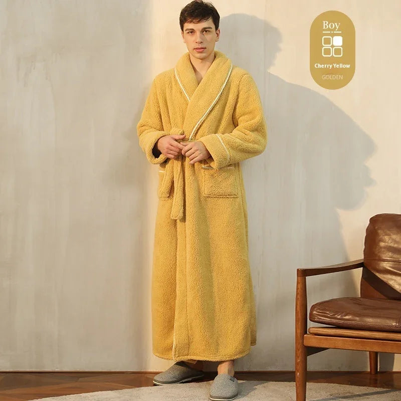 Man wearing cherry yellow plush bathrobe with pockets and gray slippers in a cozy room