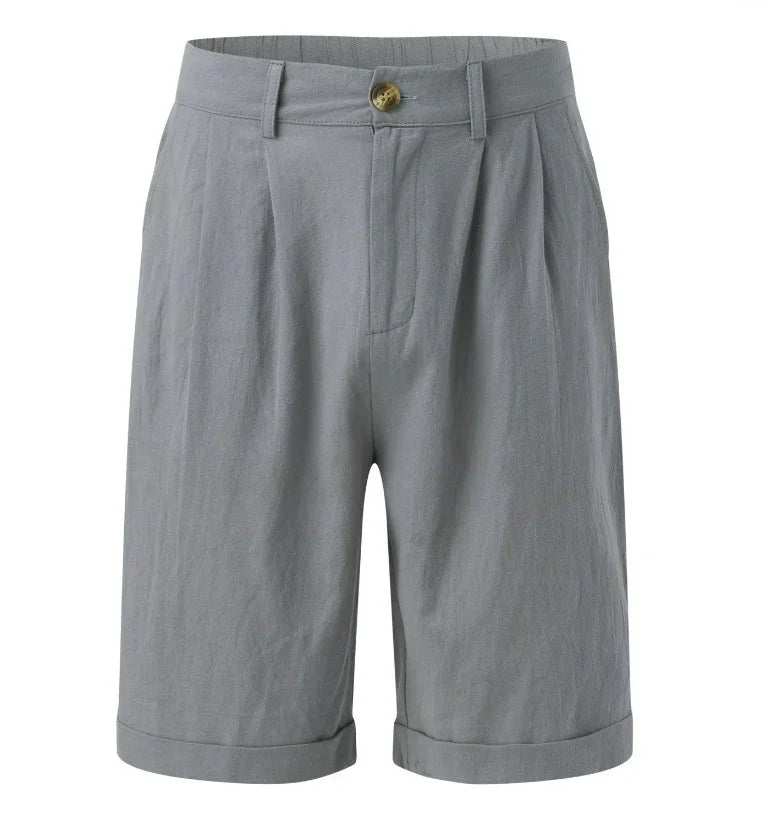 Light gray men's casual shorts with button closure and pleated front