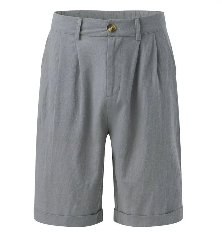 Light gray men's casual shorts with button closure and pleated front