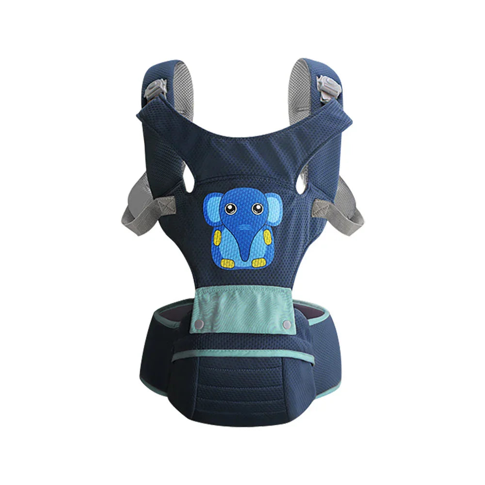 blue baby carrier with elephant design and adjustable padded straps