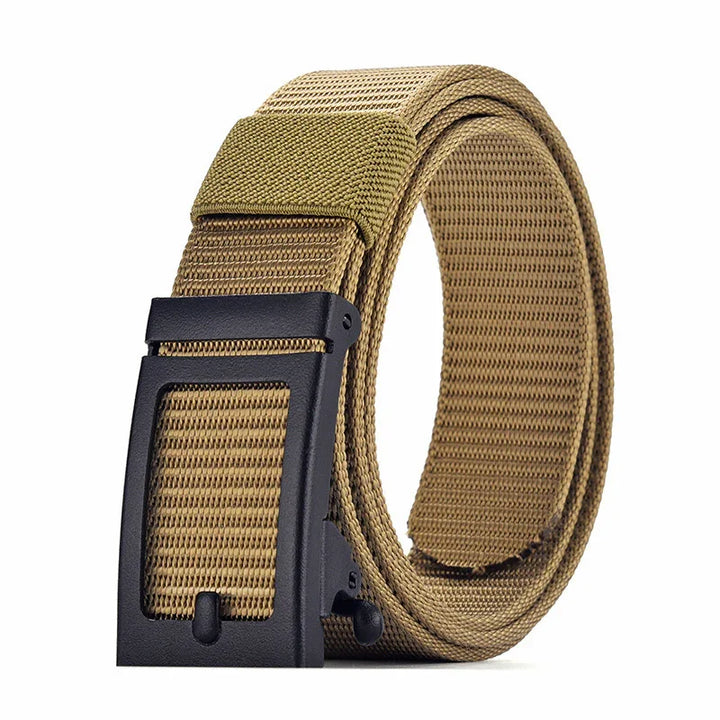 Tan woven fabric belt with black buckle, rolled up on white background