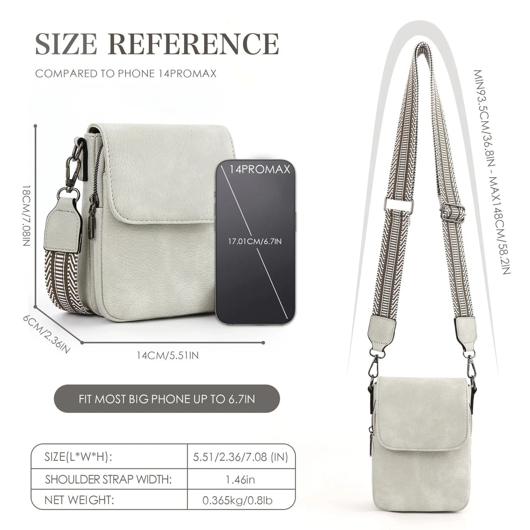 Compact light gray crossbody bag with adjustable patterned strap, size compared to iPhone 14 Pro Max
