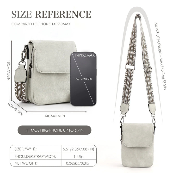 Compact light gray crossbody bag with adjustable patterned strap, size compared to iPhone 14 Pro Max