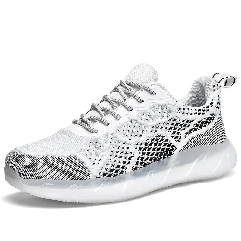White and black lightweight breathable sneaker with textured sole and lace-up design