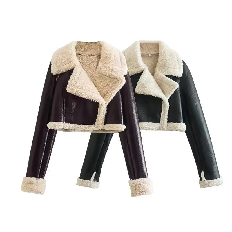 Two cropped shearling jackets with cream fur collars and cuffs, one brown and one black, isolated on white