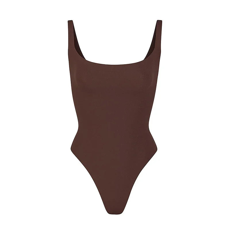 Brown one-piece swimsuit with square neckline and wide shoulder straps