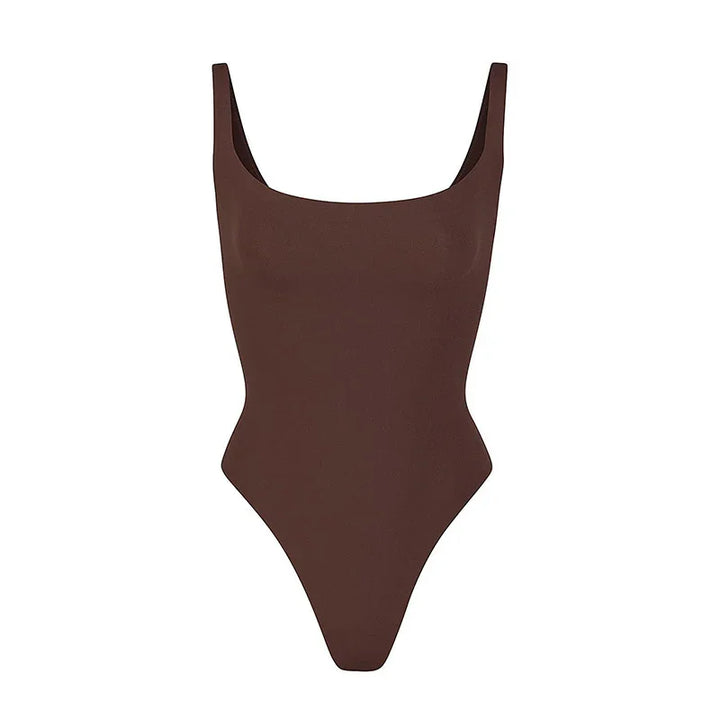 Brown one-piece swimsuit with square neckline and wide shoulder straps