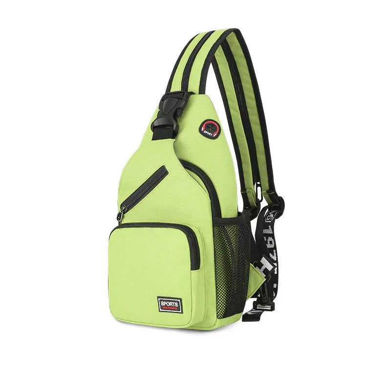 Light green single strap sports sling backpack with multiple zippered pockets and mesh side pocket
