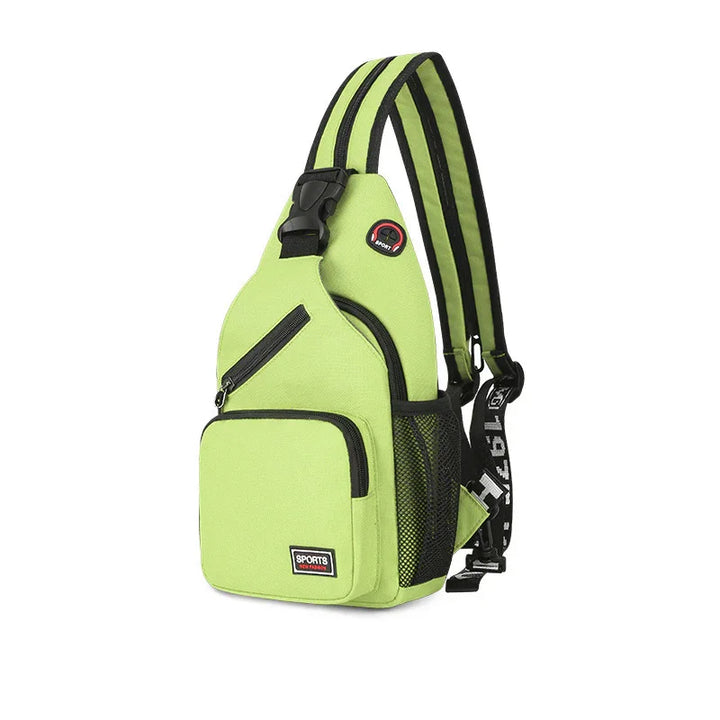 Light green single strap sports sling backpack with multiple zippered pockets and mesh side pocket