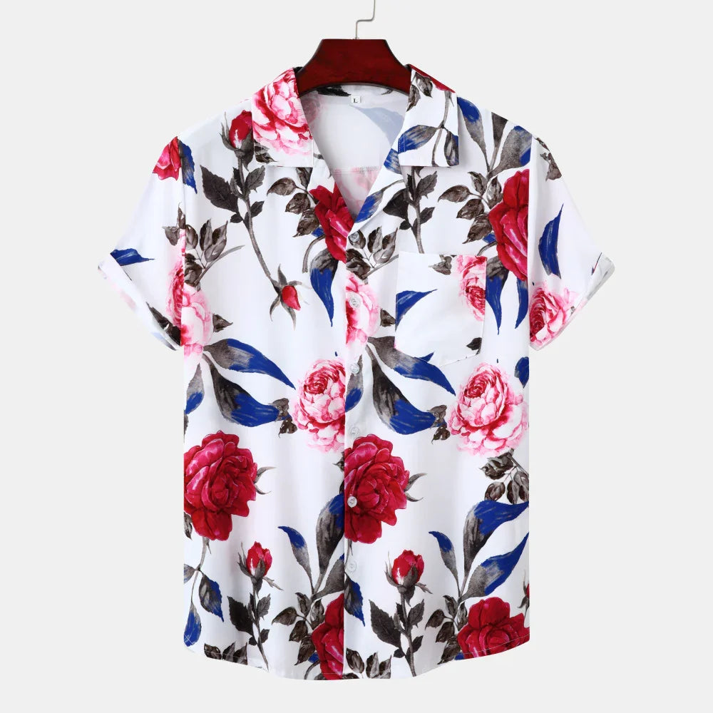 White short sleeve men's shirt with red and pink floral print and blue leaves on wooden hanger