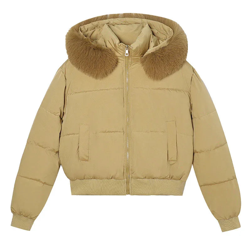 Beige puffer jacket with brown faux fur hood trim and front zipper closure