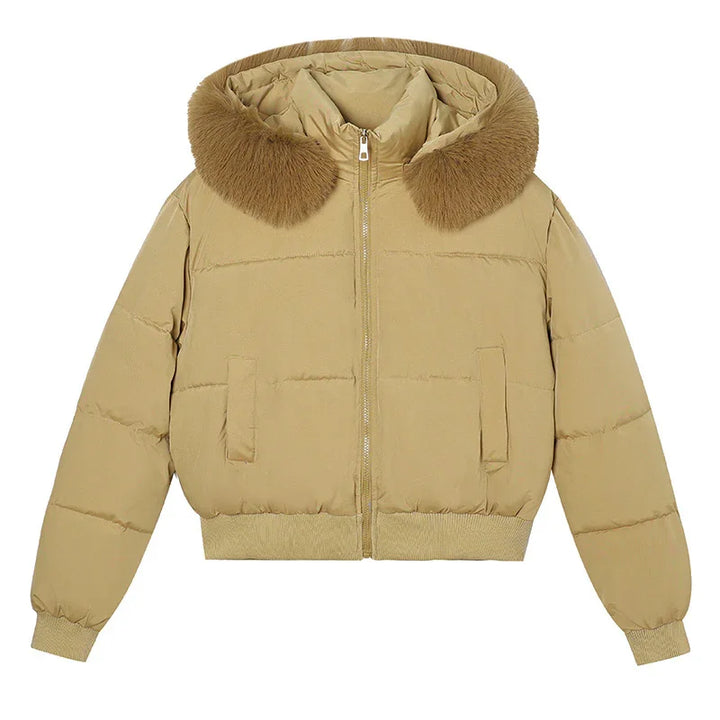 Beige puffer jacket with brown faux fur hood trim and front zipper closure