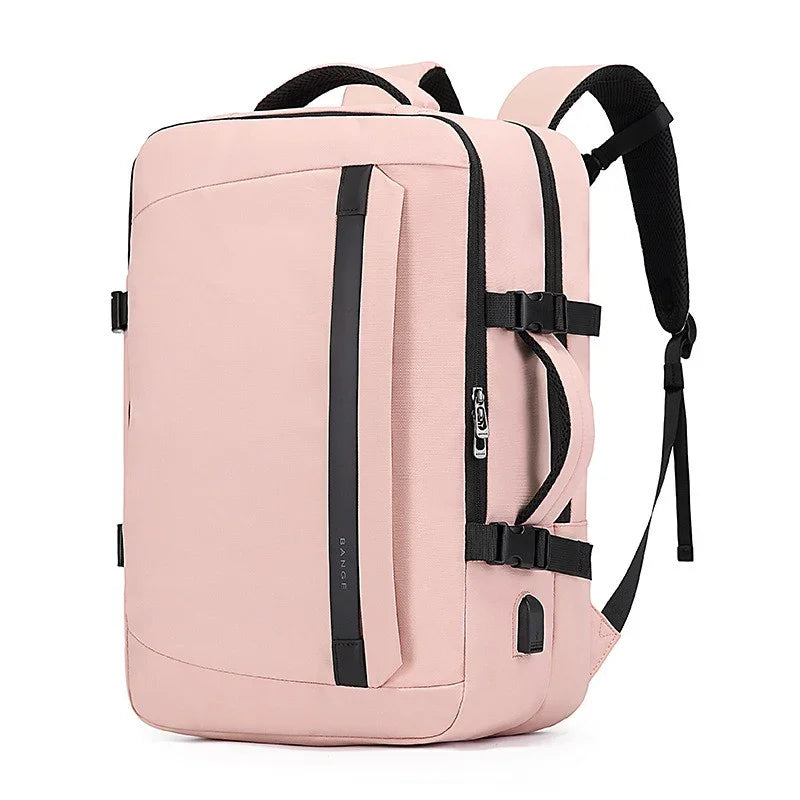 Pink modern backpack with black straps, side handle, double zippers, and USB charging port
