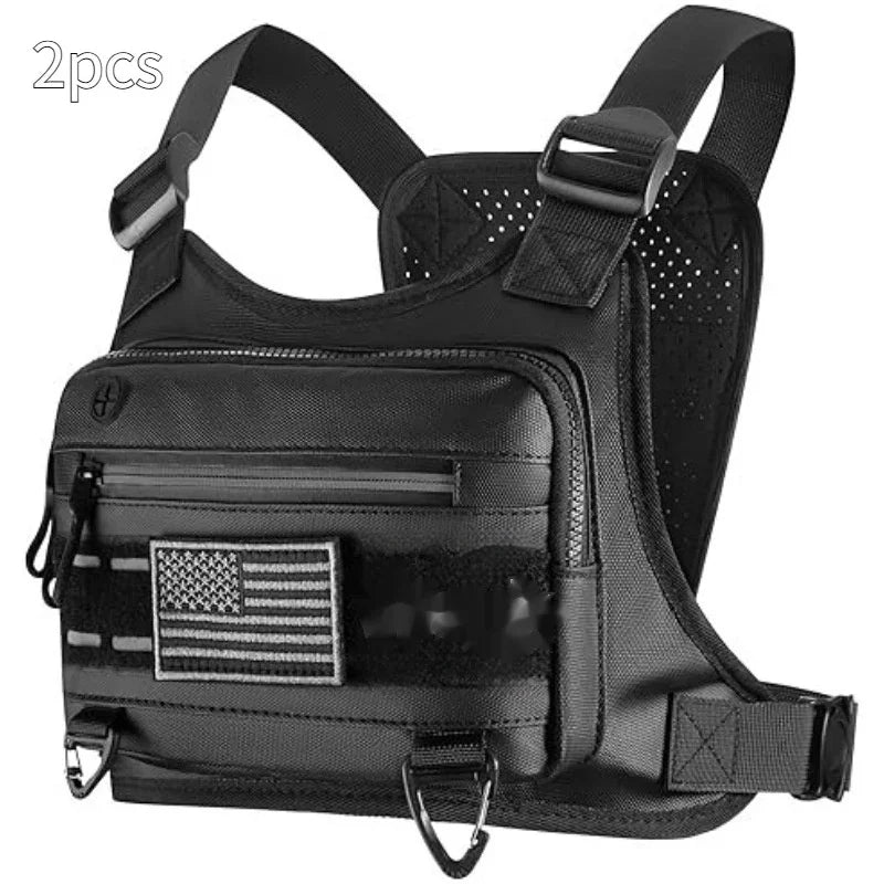 Black tactical chest rig bag with American flag patch, adjustable straps, and zippered compartments