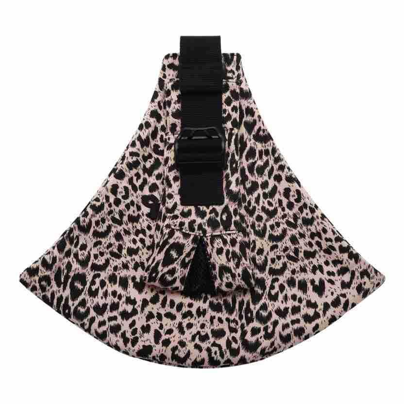 Leopard print pet harness with adjustable black strap and buckle
