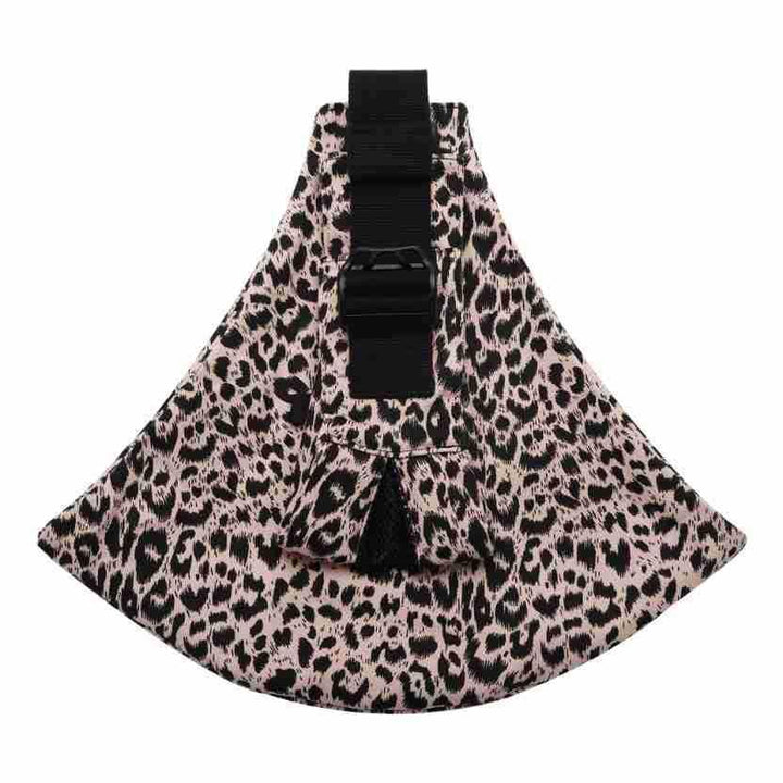 Leopard print pet harness with adjustable black strap and buckle