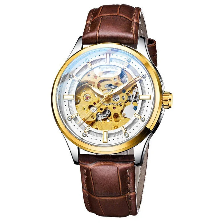 Luxury skeleton mechanical wristwatch with gold accents and brown leather strap