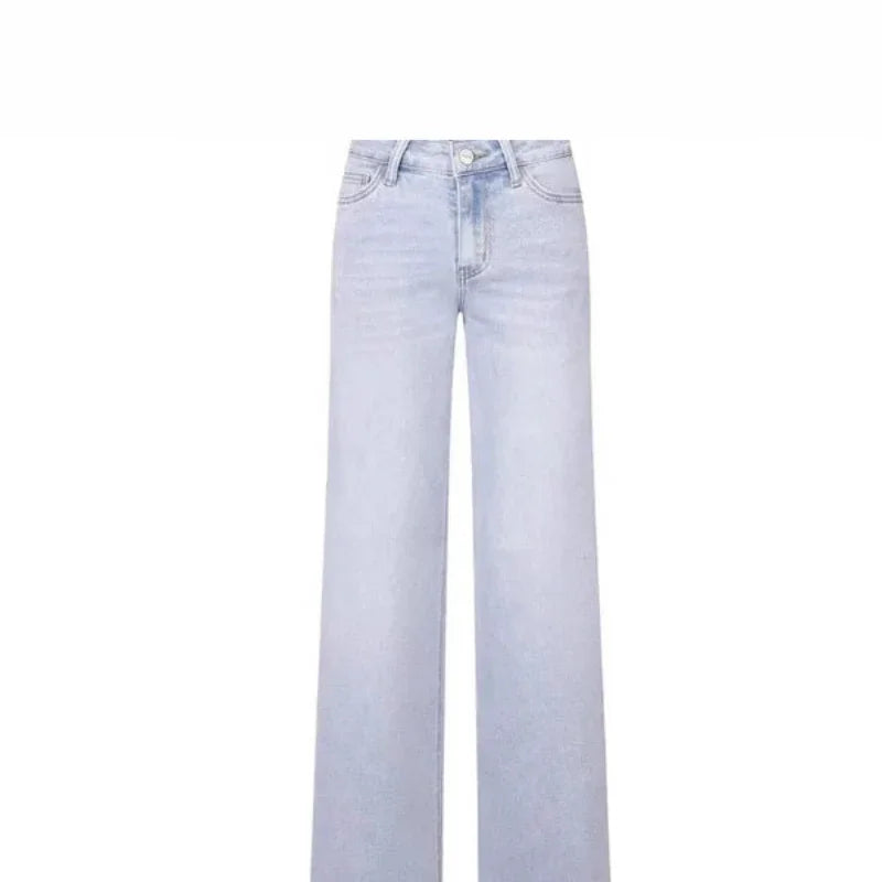 Light wash wide-leg denim jeans with classic five-pocket design on white background