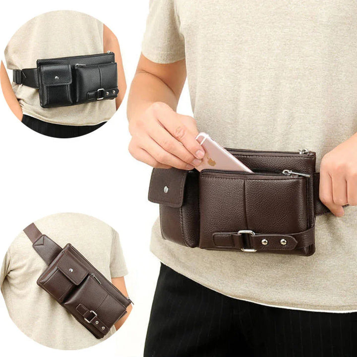 Person wearing brown leather waist bag with multiple pockets storing smartphone, shown from front and back