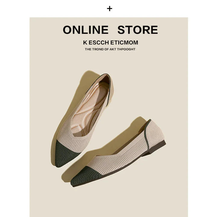 Beige and black knit pointed toe flats displayed on neutral background with online store text